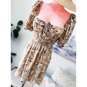 Lost in the Meadow blooming floral sweetheart gathered flowy boho dress Sm
